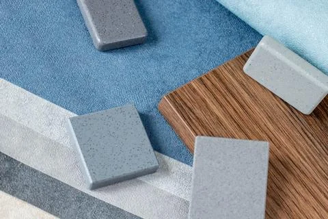 Samples of finishing materials, close-up view, including various wooden lamin Stock Photos