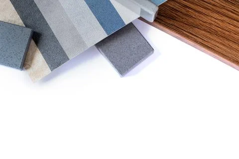 Samples of finishing materials, close-up view, including various wooden lamin Stock Photos
