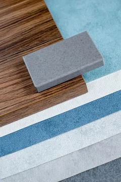 Samples of finishing materials, close-up view, including various wooden lamin Stock Photos