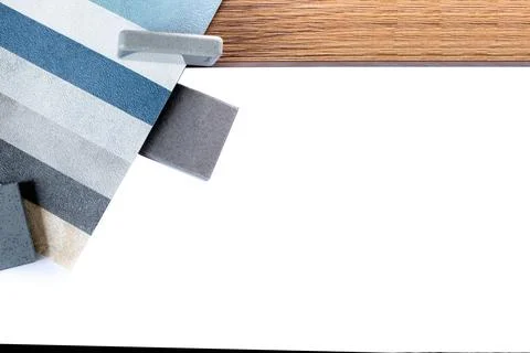 Samples of finishing materials, close-up view, including various wooden Stock Photos