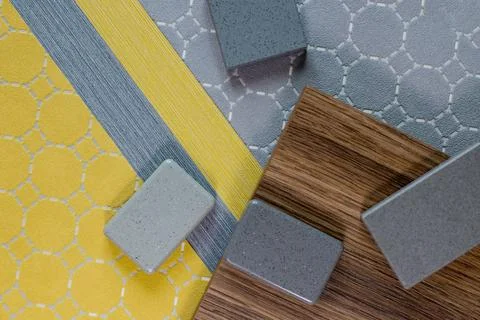 Samples of finishing materials, close-up view, including various wooden lamin Stock Photos