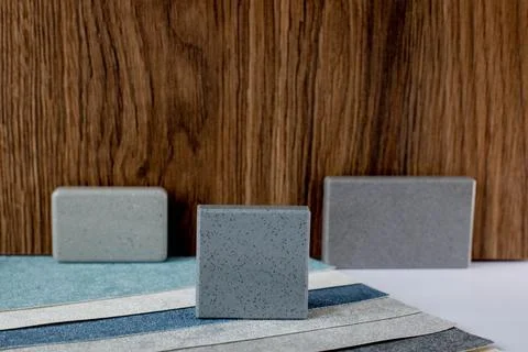 Samples of finishing materials, close-up view, including various wooden lam.. Stock Photos