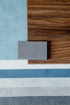 Samples of finishing materials, close-up view, including various wooden lamin Stock Photos