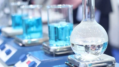 Samples in flasks in the advanced laboratory of the scientific center Stock Footage 87135837