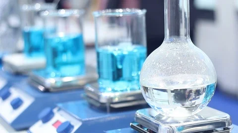 Samples in flasks in the modern laboratory of the scientific center Stock Footage 87135862