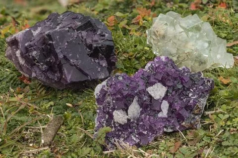 Samples of fluorite on turf land Foto stock