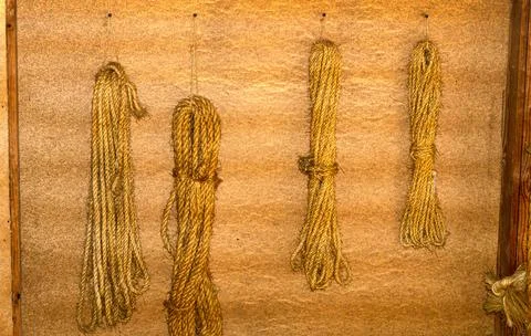 Samples of hand-woven ropes using ancient technology. Stock Photos