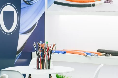 Samples of industrial electrical cables and wire joints displayed on table at Stock Photos