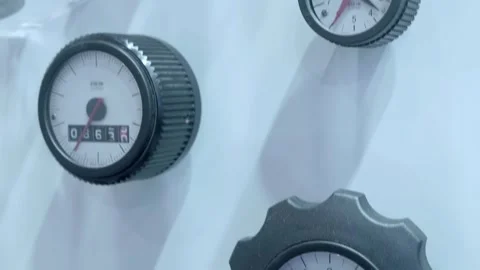 Samples of industrial equipment pointer indicators are presented at exhibition Stock Footage 340466174