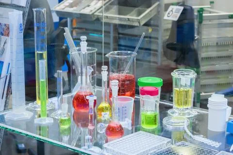 Samples of laboratory glassware on the Exhibition of lab equipment Stock Photos