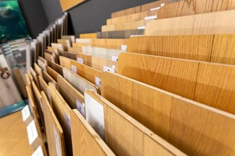 Samples of laminate or parquet with a pattern and wood texture for flooring Stockfoto's