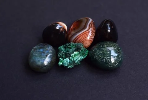 Samples of minerals malachite, agate and labradorite stone, rock, geology, .. Stock Photos