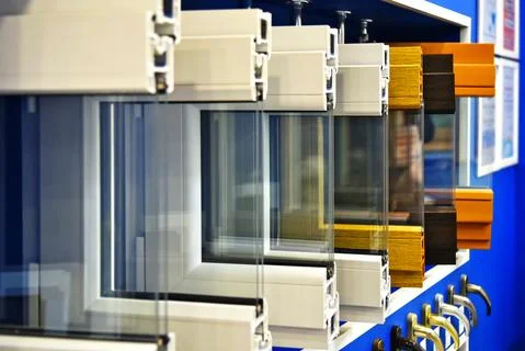 Samples of modern window profiles on a special showcase in the room. Services Foto stock