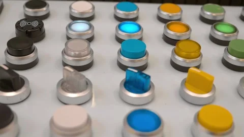 Samples of multi-colored backlit pushbuttons, switches and emergency stop button 库存影片 333327853