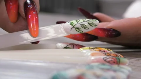 Samples of the nail pattern. Manicure samples on well-groomed hands and nails. Stock Footage 246500997