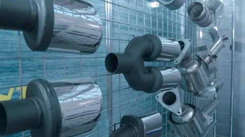 Samples of new car exhaust systems are presented at the exhibition Stock Footage 340567233
