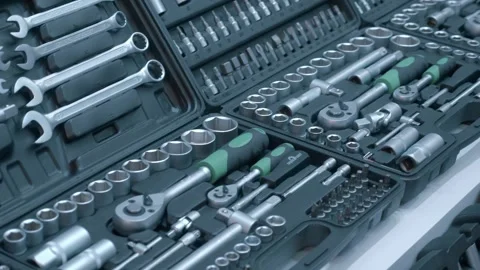 Samples of new sets of car wrench in tool boxes are presented at the exhibition Stock Footage 340566640