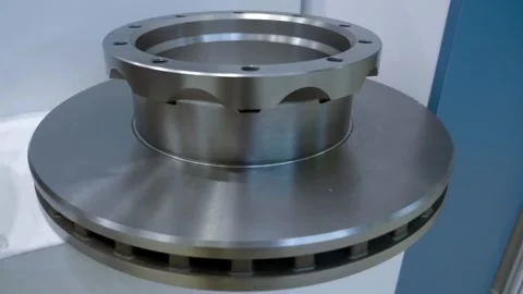 Samples of new truck brake discs are on display at the exhibition Stock Footage 340631888