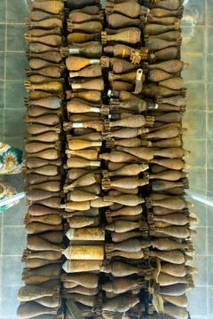 Samples of the old rusty mines in the Cambodia Landmine Museum in Siem Reap Stock-Fotos