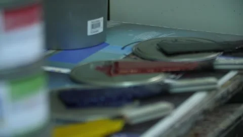 Samples of paints on woods on lids of jars. Stock Footage 262545681