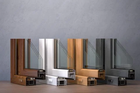 Samples of plastic window profiles PVC of different colors in section. Ilustración de archivo