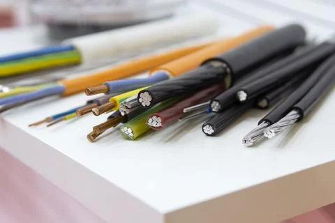Samples of power electrical cables in the showroom Stock Photos