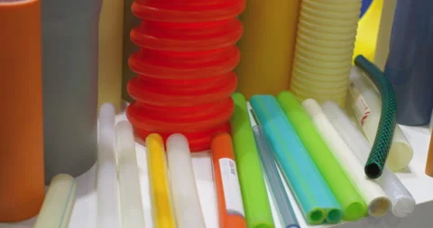 Samples of products from the production of multi-colored plastic products. Video stock 328642258