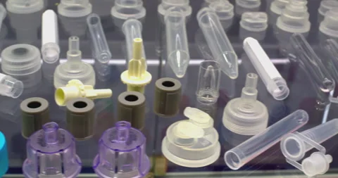 Samples of products from the production of multi-colored plastic products. Stock Footage 329182607