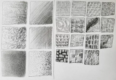 Samples a set of pencil shadows, texture strokes highlighted on a white backg Stockfoto's