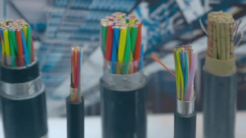 Samples of various multi-core electrical cables are presented at the exhibition Stock Footage 330896106