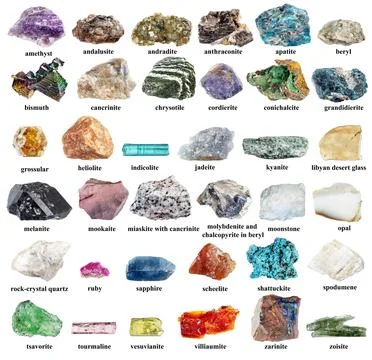Samples of various uncut rocks with names cut out Stock Photos