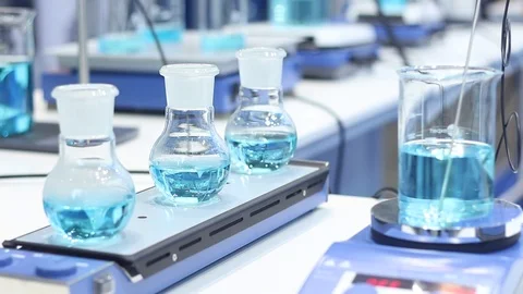 Samples of water in flasks in the advanced modern laboratory Stock Footage 87135890