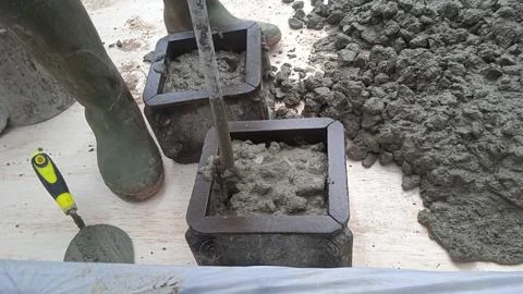 Sampling of concrete cubes at field construction sites Stock Photos