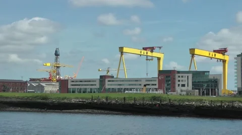 Samson and Goliath gantry cranes River Lagan Belfast Stock Footage 60402049