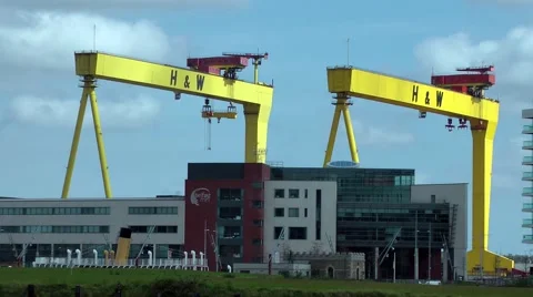 Samson and Goliath large gantry cranes blue sky Belfast Stock Footage 60402083