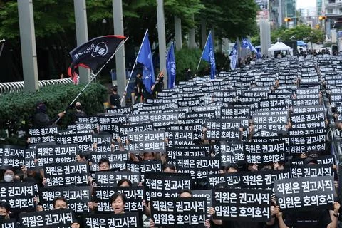 Samsung Electronics workers rally for better compensation system in Seoul, Korea Foto stock