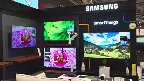 Samsung Logo and TVs inside electronics store. Minsk, Belarus, 2023 Stock Footage 235461008