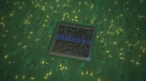 SAMSUNG logo on the chip on computer board. Conceptual editorial 3d rendering Stock Illustration