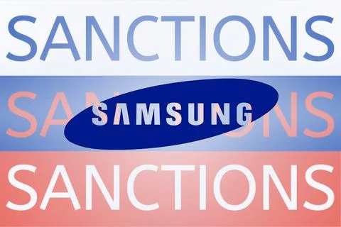 Samsung logo in front of the Russian flag. Sanctions against Russia over its Stock Illustration