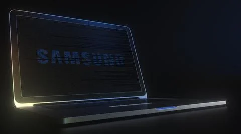 SAMSUNG logo made with computer code on the laptop screen. Editorial conceptual 库存插图