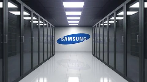 Samsung logo on the wall of the server room. Editorial 3D rendering Stock Illustration