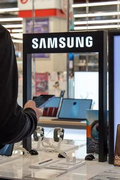 Samsung smartphones in electronics store. Minsk, Belarus - March 14, 2026 Stock Photos