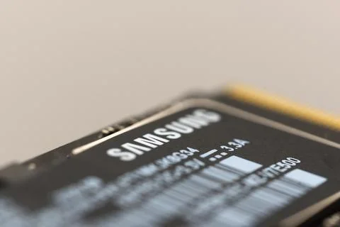 Samsung solid state drive close-up view in a simple setting Stock Photos
