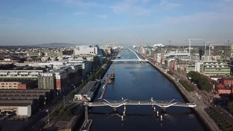 Samuel Beckett Bridge in Dublin, Ireland. Aerial Drone footage of city center Stock Footage