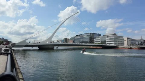 Samuel Beckett Bridge is a modern cable-stayed bridge over the River Liffey in Stock Footage 311768179