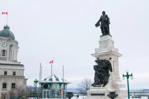 Samuel de Champlain statue in Quebec City under heavy snow.. Stock Photos