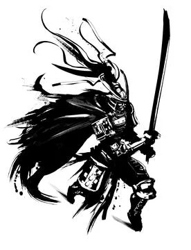 Samurai in armor with a sword running into battle Stock Illustration