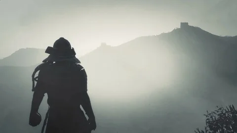 Samurai Bushido Warrior Standing in front a Great Mountain Stock Footage 128911515