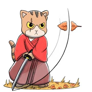 Samurai Cat Cutting Falling Leaf with Sword Stock Illustration