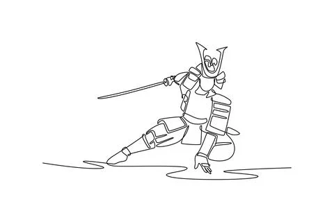 Samurai in full armor kneeling low to ground, holding katana pointed forward Ilustração Stock